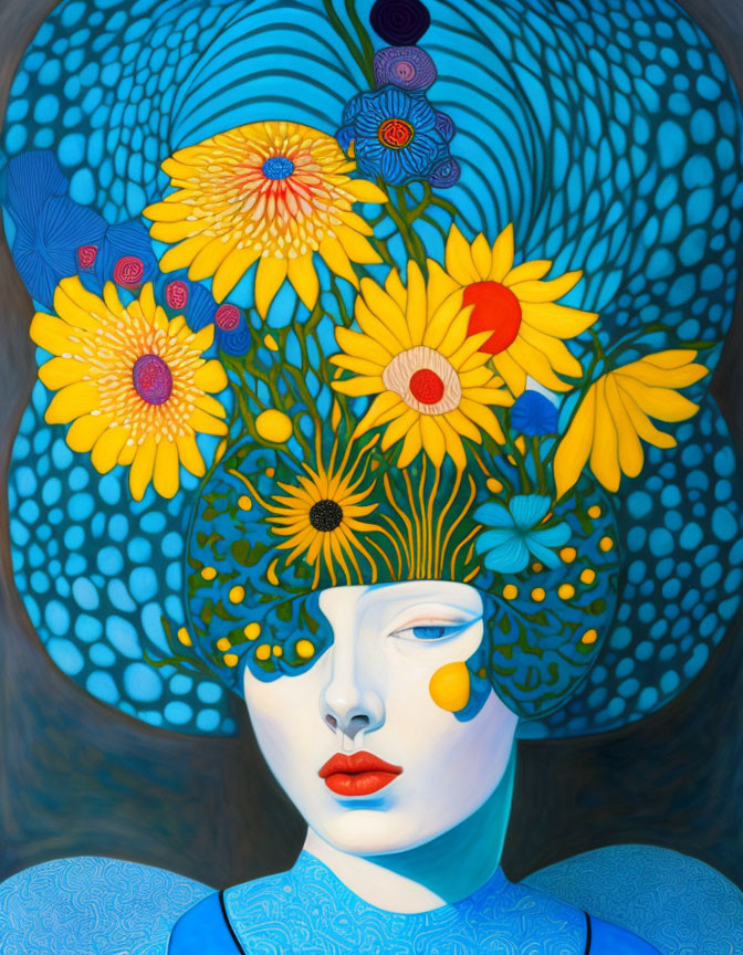 Serene face with closed eyes and floral headpiece on blue background