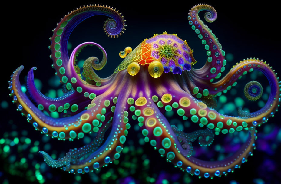 Colorful octopus digital artwork with patterned tentacles on dark background