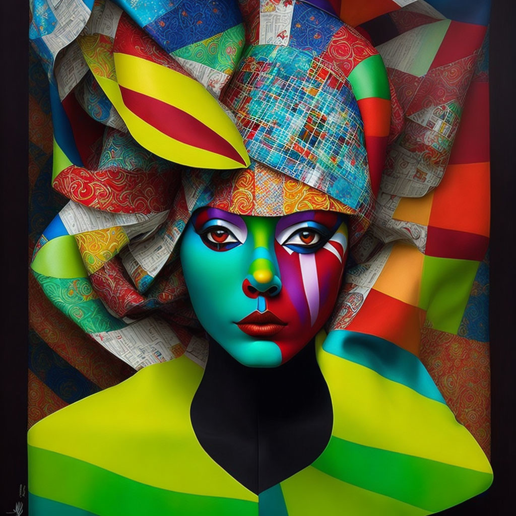 Colorful digital portrait of figure with headwrap & face paint on dark background