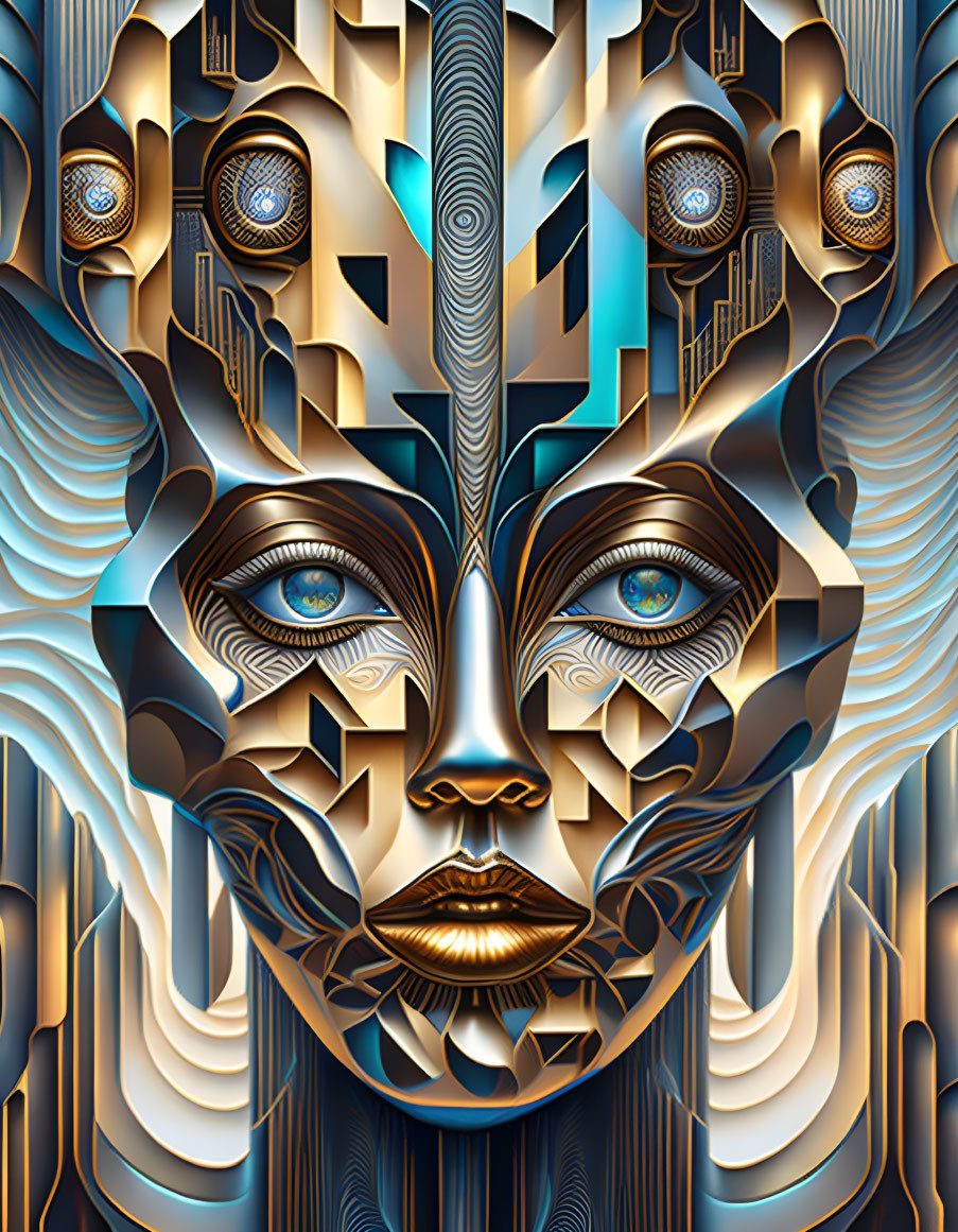 Symmetrical digital art: stylized human face with metallic tones.