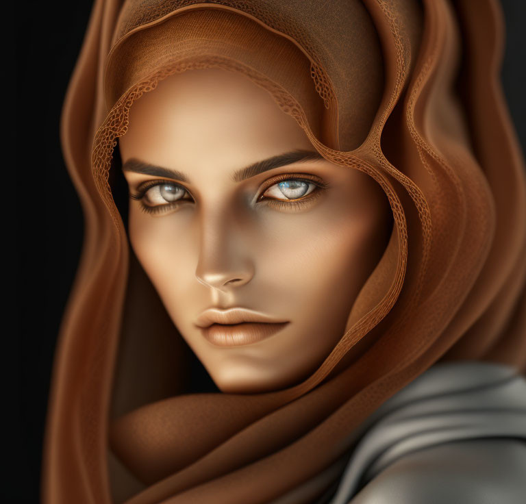 Digital portrait of woman in brown hijab with striking eyes & lace details