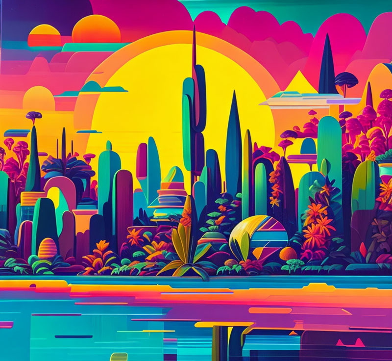 Colorful digital art: geometric buildings, lush flora, reflective water, large sun.