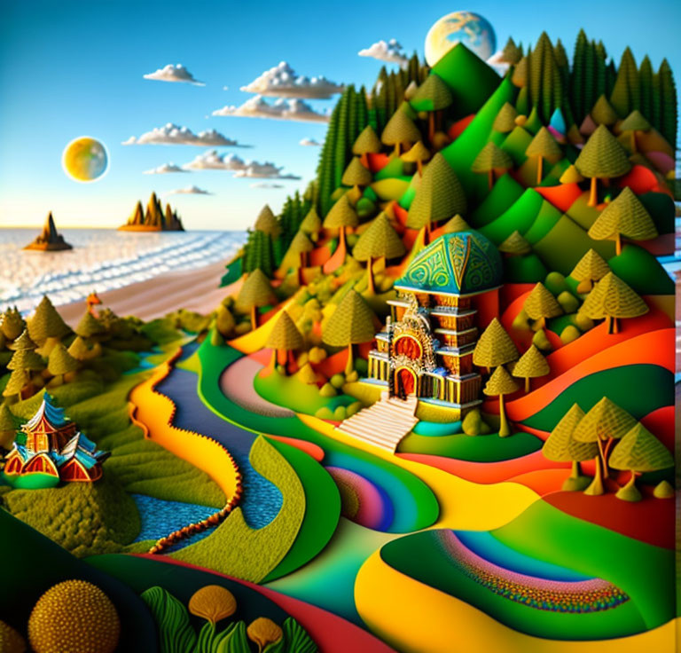 Colorful surreal landscape with rolling hills, whimsical trees, temple, and distant planets