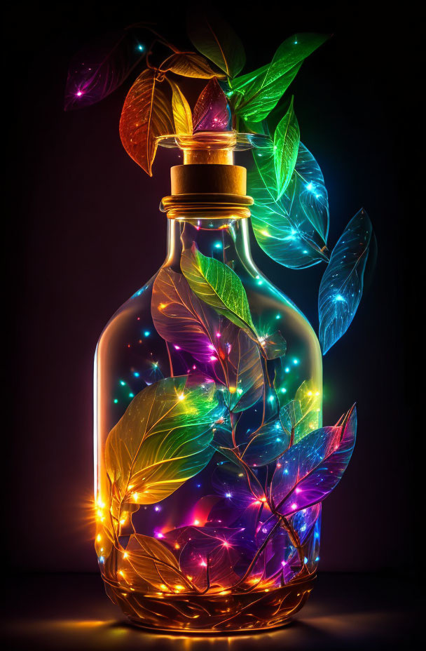 Colorful Glowing Leaves in Glass Bottle on Dark Background