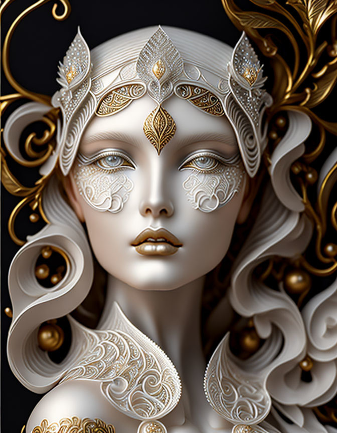 Ethereal digital artwork of woman with ornate gold and white headpieces and makeup