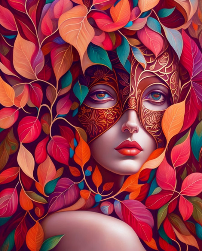 Digital Artwork: Woman with Masquerade Mask and Colorful Leaf Background