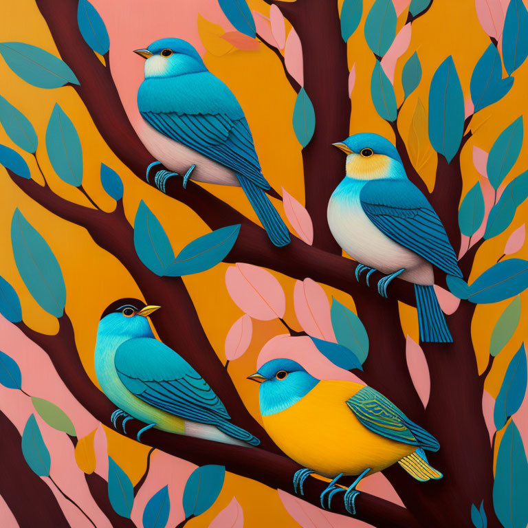 Four Colorful Birds Perched on Autumn Branches