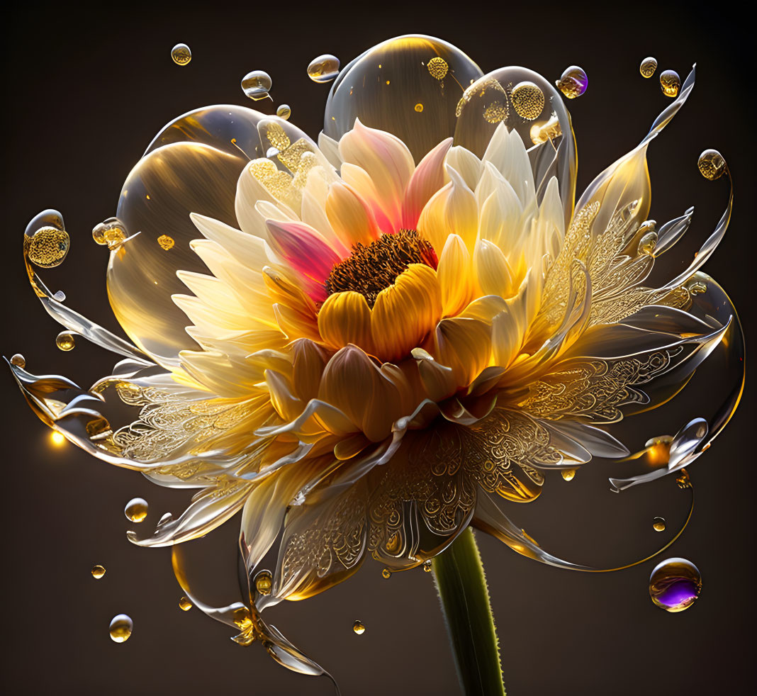 Colorful Flower with Bubbles on Dark Background