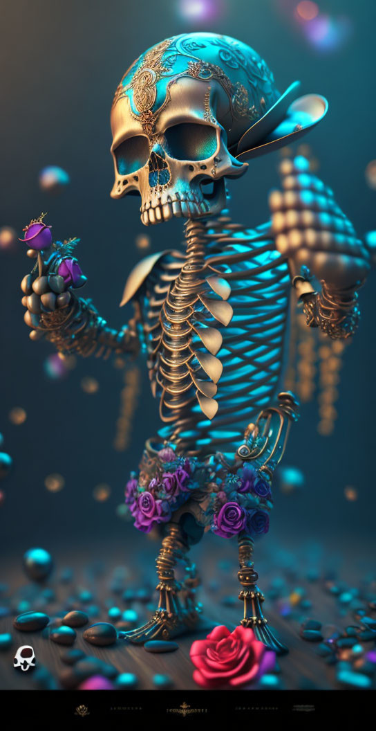 Stylized skeleton with blue ornate skull holding scepter among roses and beads