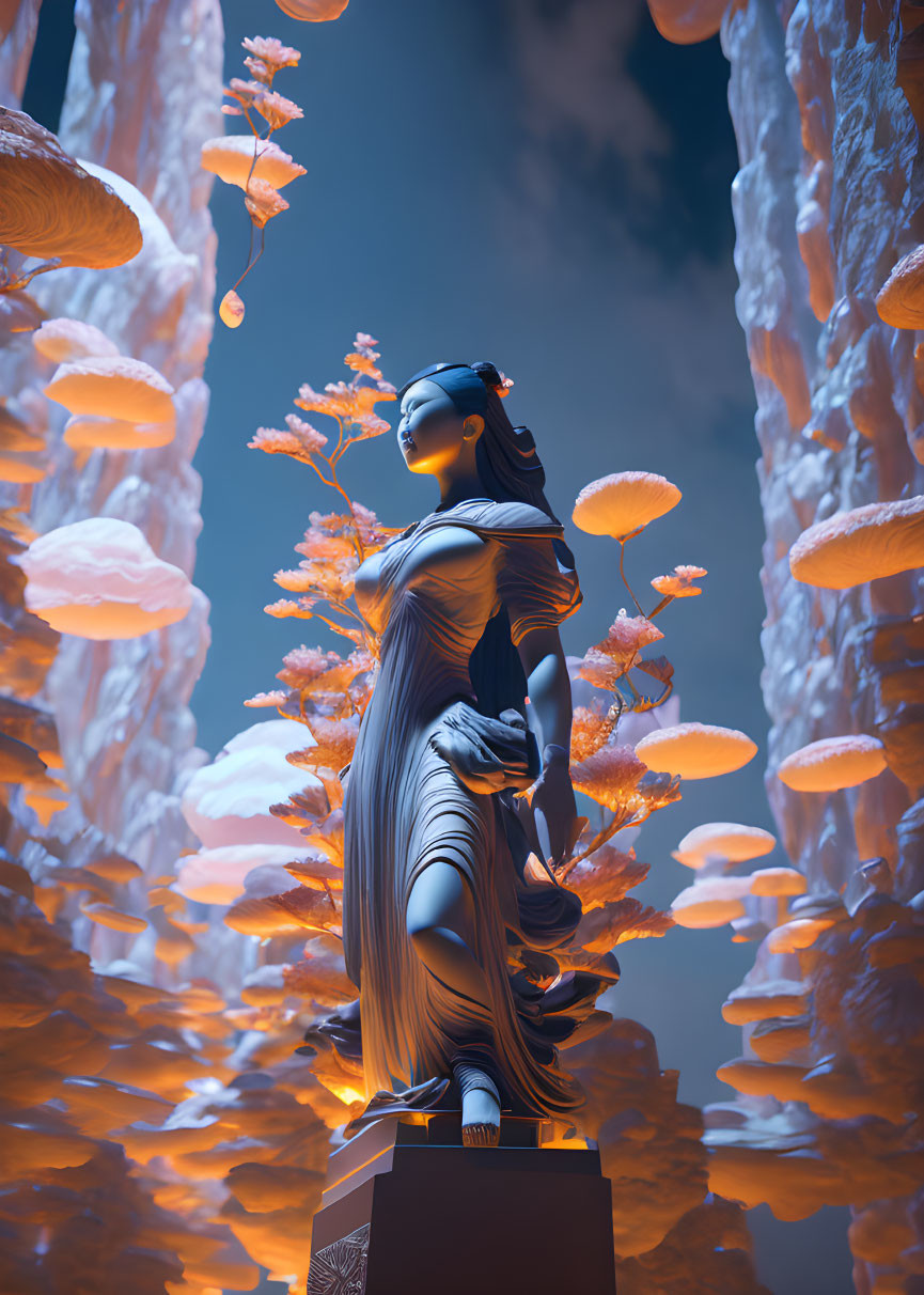 Woman statue surrounded by orange jellyfish in mystical underwater scene