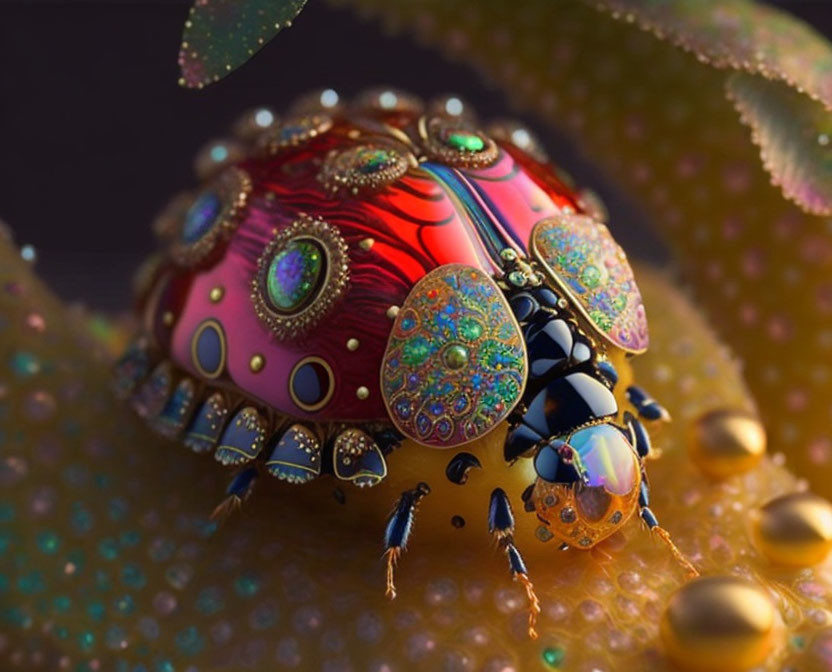 Digitally-enhanced ornate ladybug on speckled leaf surface