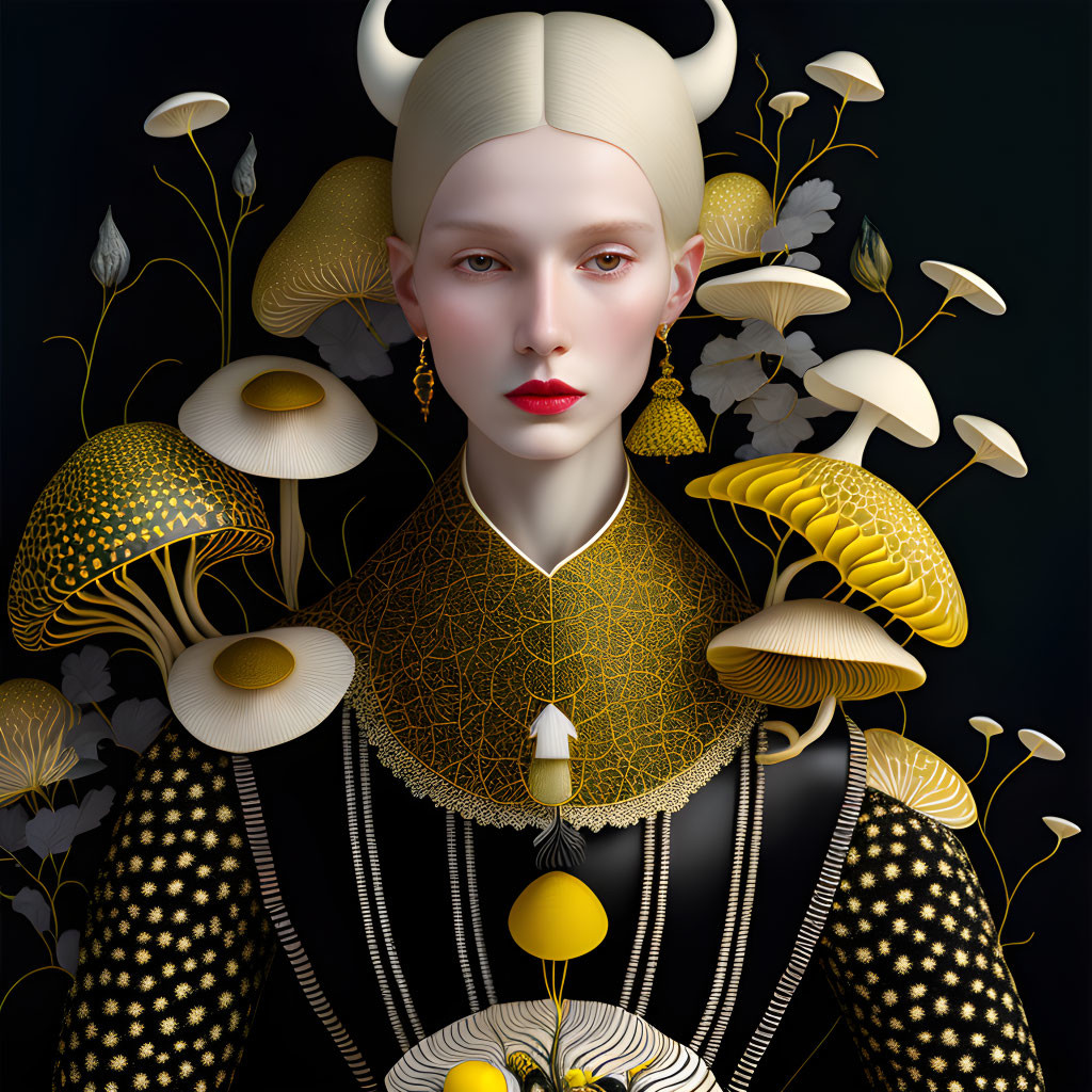 Pale-skinned woman with white horns in golden mushroom setting.