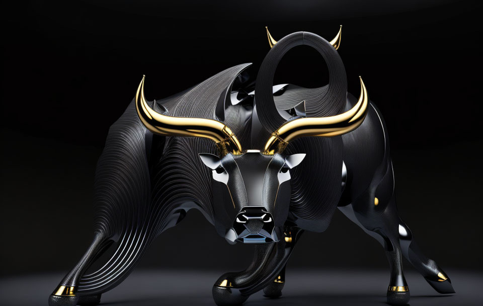 Metallic bull with golden horns in dynamic pose on dark background