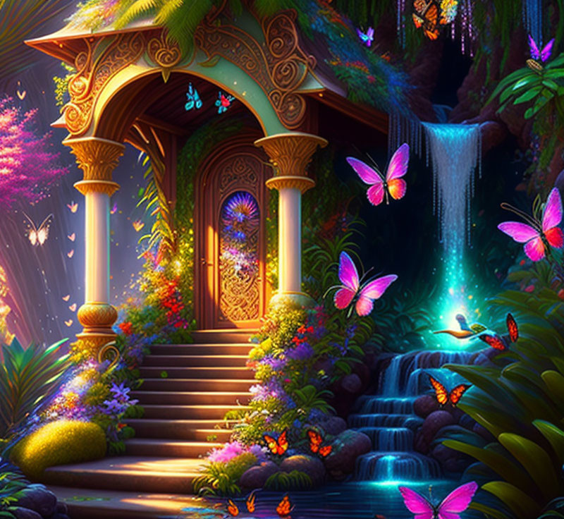 Enchanting forest scene with mystical doorway, waterfall, and butterflies