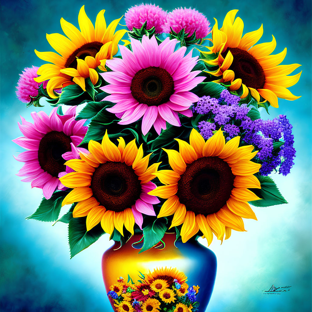 Sunflowers and Pink Blooms Bouquet on Turquoise Background