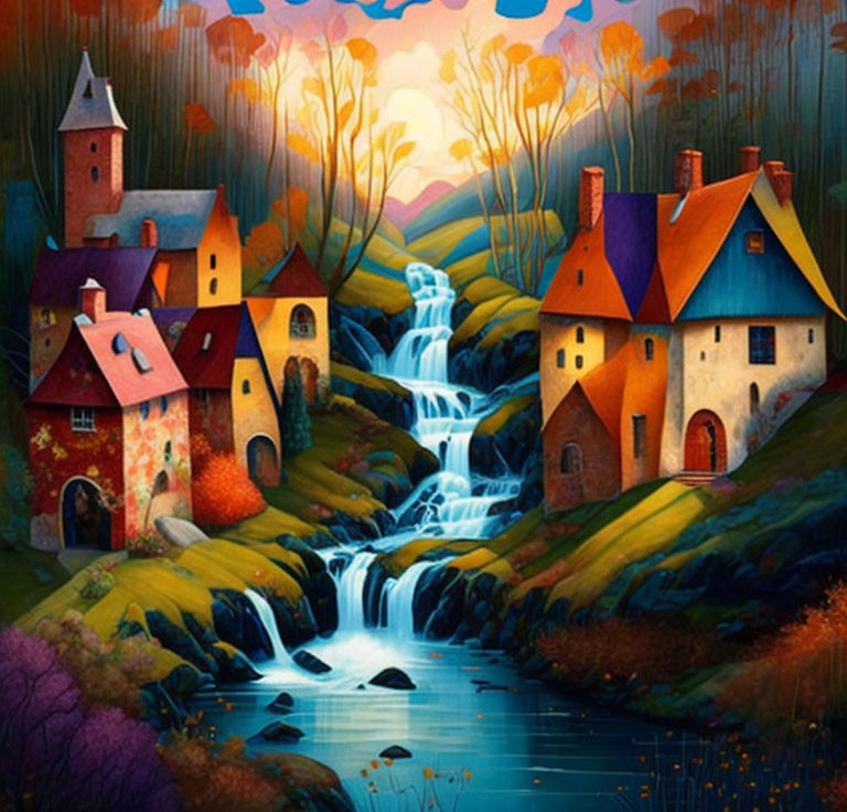 Vibrant autumn village scene with quirky houses and waterfall