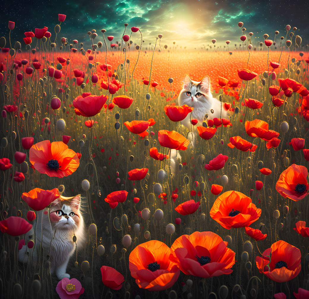 Two Cats in Red Poppy Field at Sunset