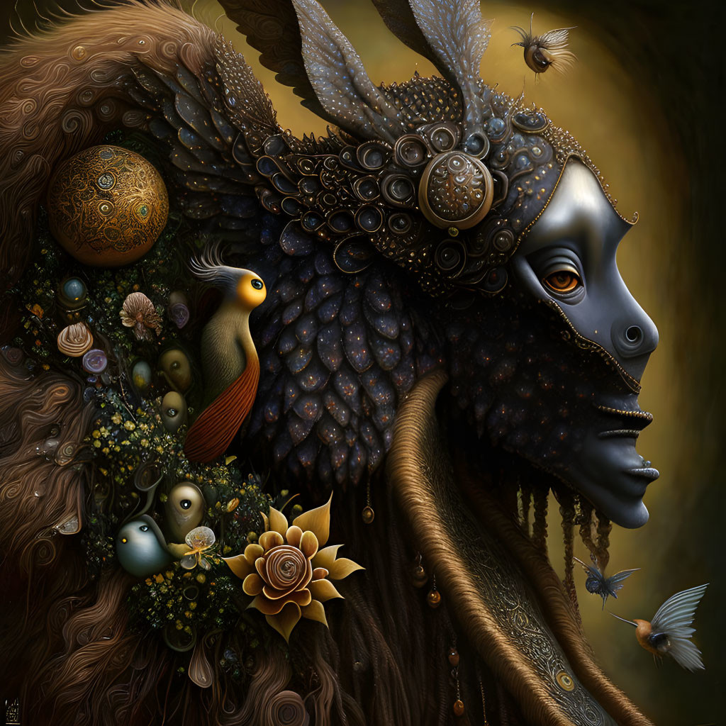 Ornate surreal portrait blending animal and botanical features