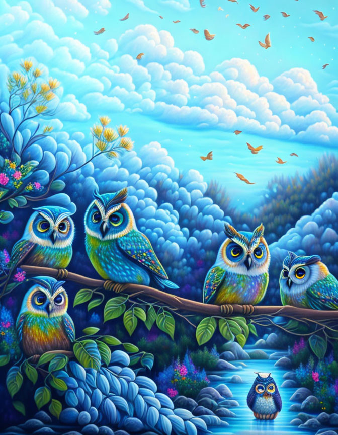 Colorful Owls Perched in Magical Forest with Lush Foliage