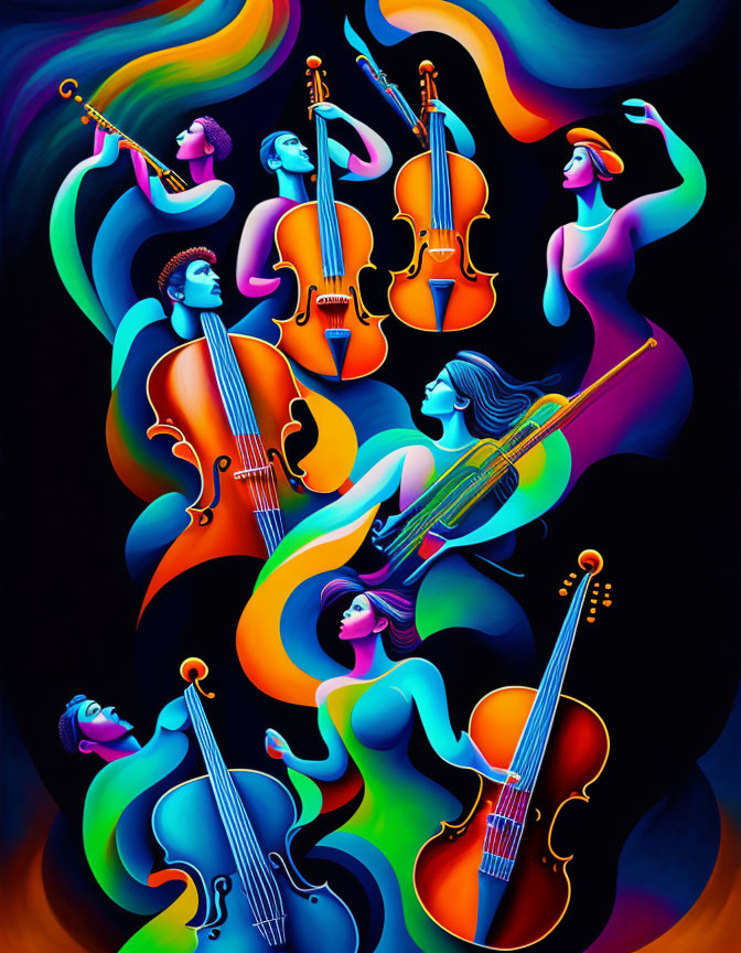 Vibrant abstract art: human figures merged with musical instruments on dark backdrop