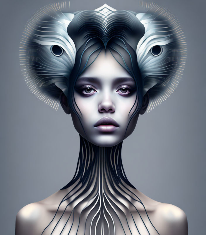 Digital Art: Female Figure with Metallic Horns & Futuristic Body Designs