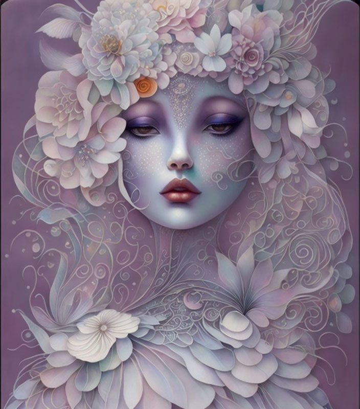 Digital Artwork: Serene Fantasy Woman with Purple Skin and Floral Adornments