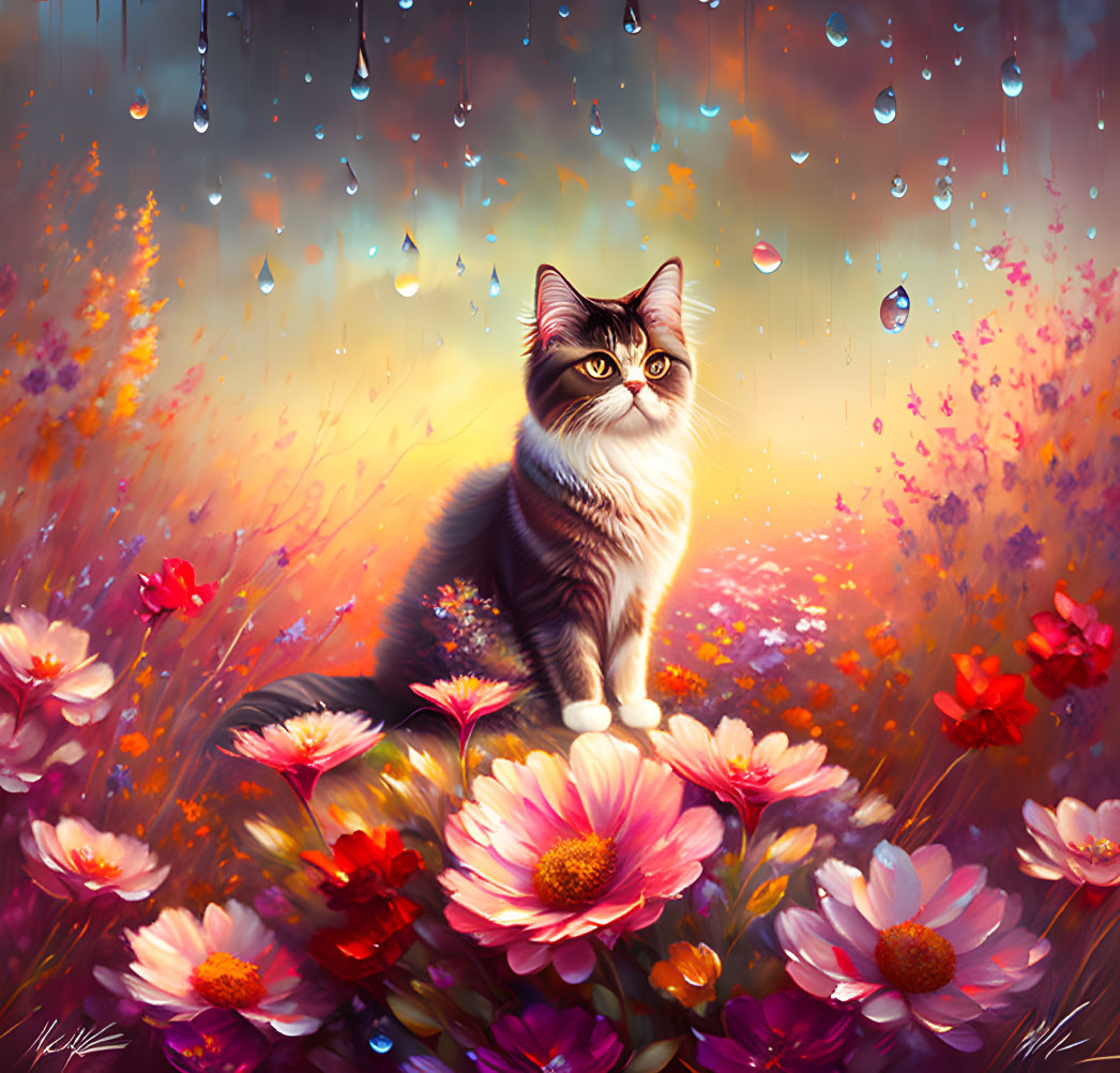 Cat surrounded by vibrant flowers under dreamy sky with rain droplets