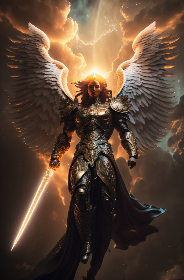 Winged warrior in radiant armor wields glowing sword