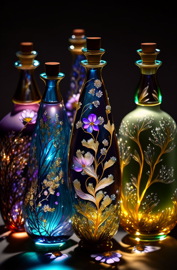 Five ornate glass bottles with intricate floral designs casting colorful reflections