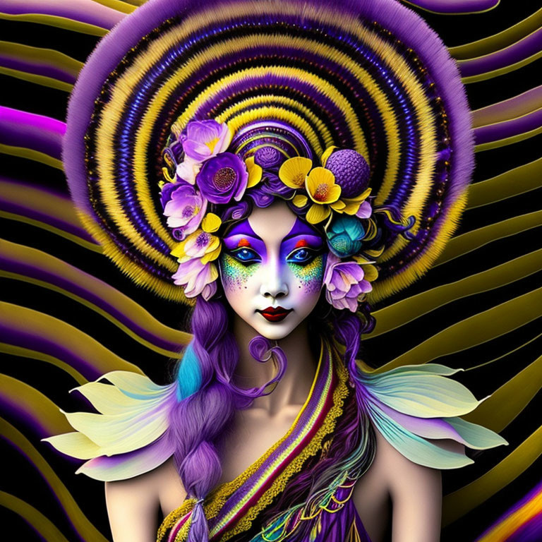 Vibrant digital artwork of stylized female figure with purple hair