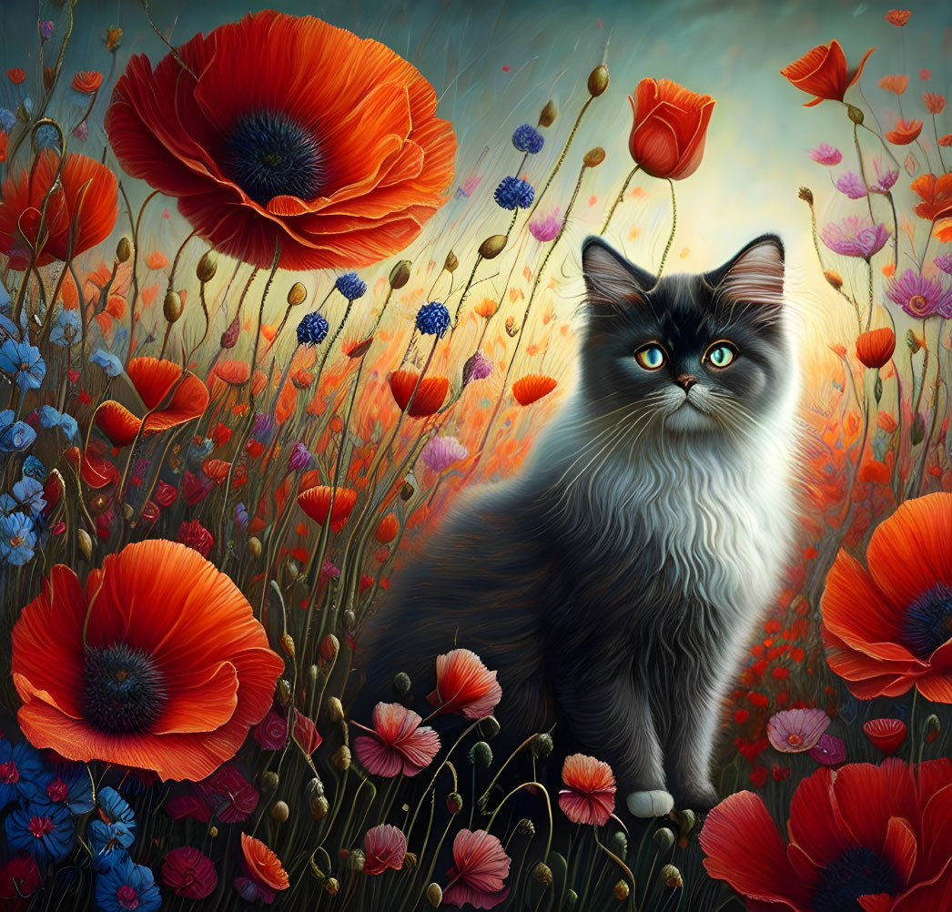 Fluffy cat surrounded by red poppies and wildflowers in colorful scene