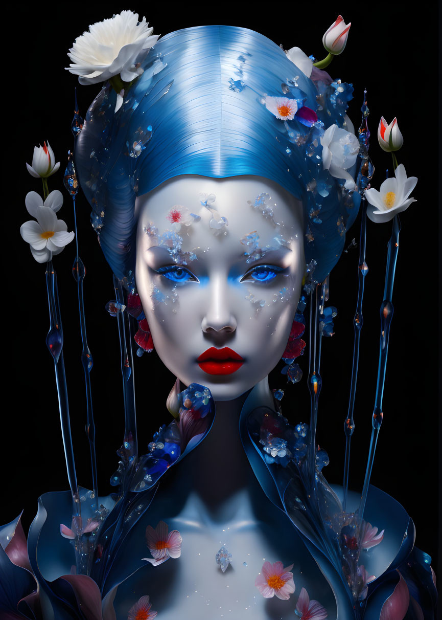 Blue-skinned woman with floral and crystal adornments