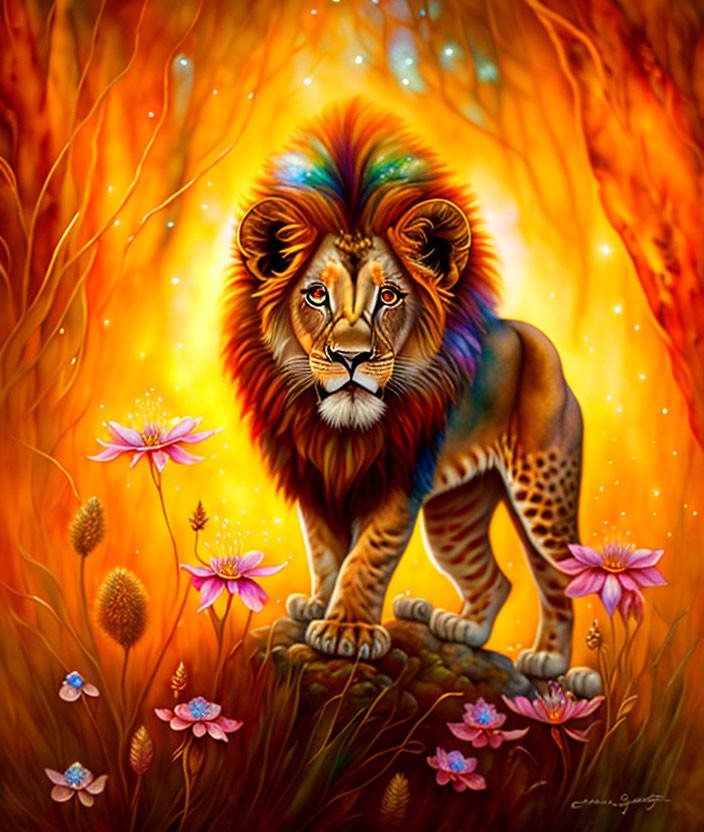 Colorful lion illustration in fiery forest setting.