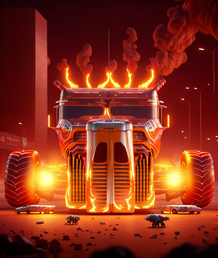 Futuristic truck with glowing orange lines in dystopian scene