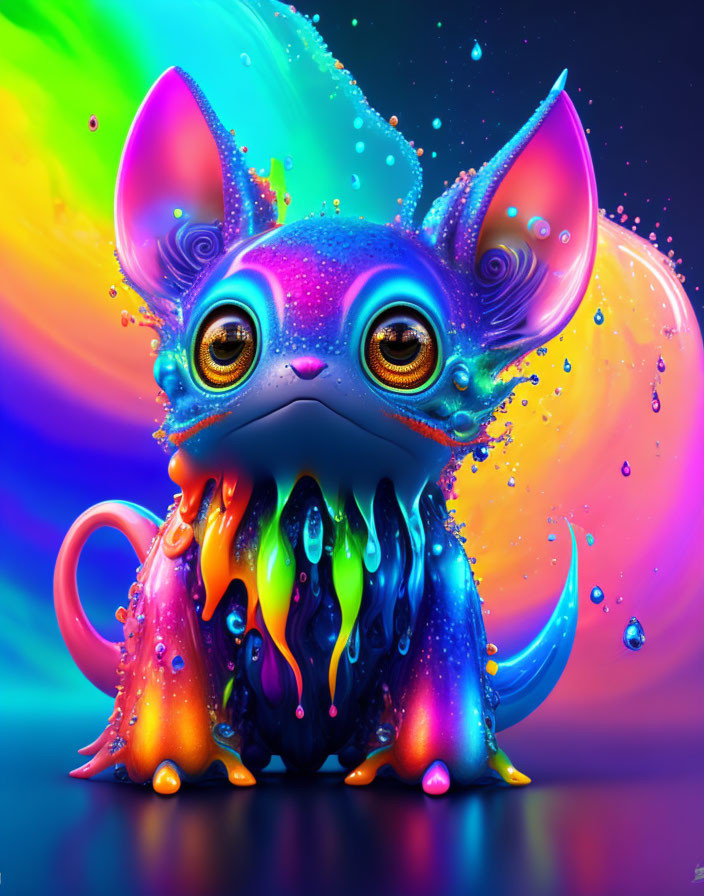 Colorful Creature with Large Eyes and Prominent Ears on Rainbow Background