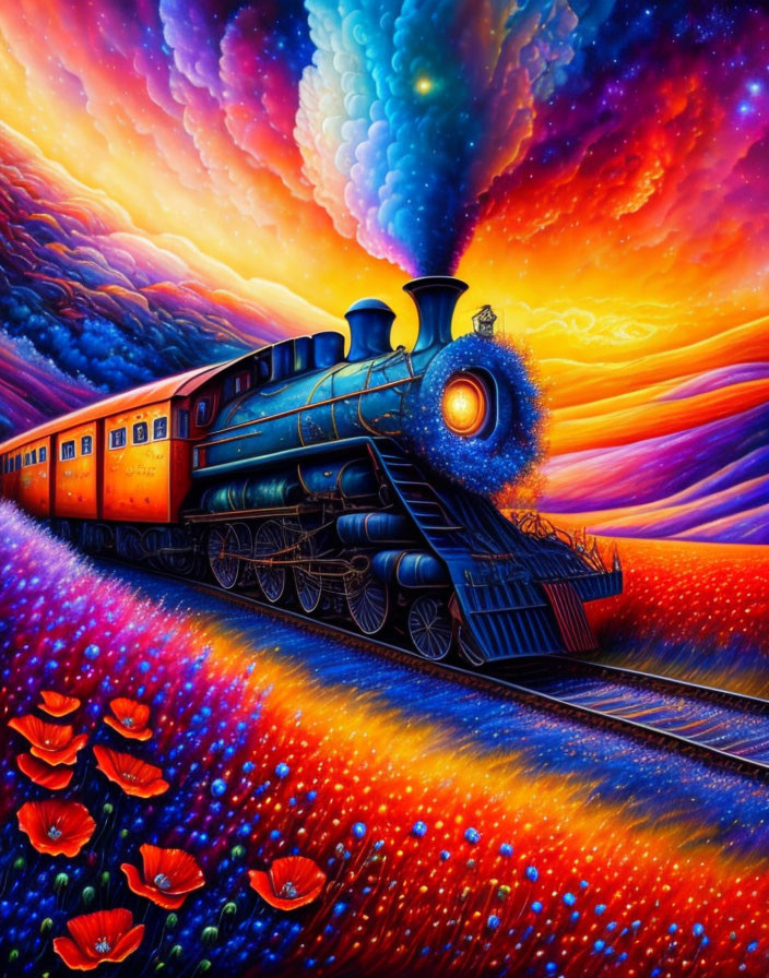 Colorful illustration: Old-fashioned steam train, poppies, surreal sky