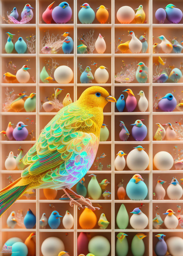 Colorful Digital Art: Yellow Bird with Intricate Feathers on Wire, Surrounded by Colorful