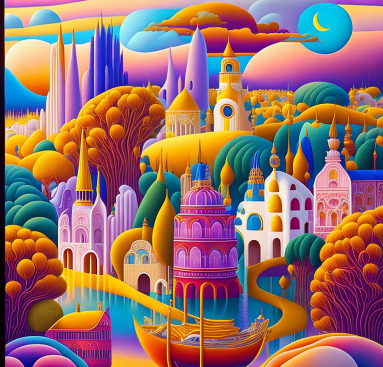 Colorful Whimsical Landscape with Castles, Trees, and Boat