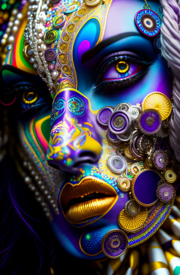 Colorful and Intricate Face Makeup with Jewels and Digital Effects