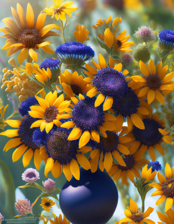 Yellow and Purple Flowers in Blue Vase on Soft Background