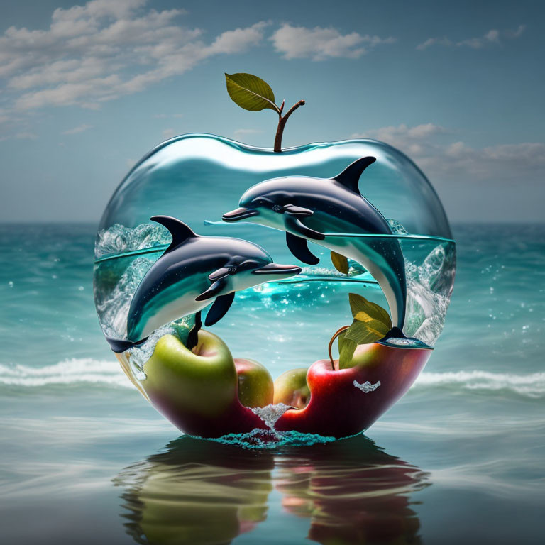 Surreal image of leaping dolphins and growing apples in transparent bubble above tranquil sea