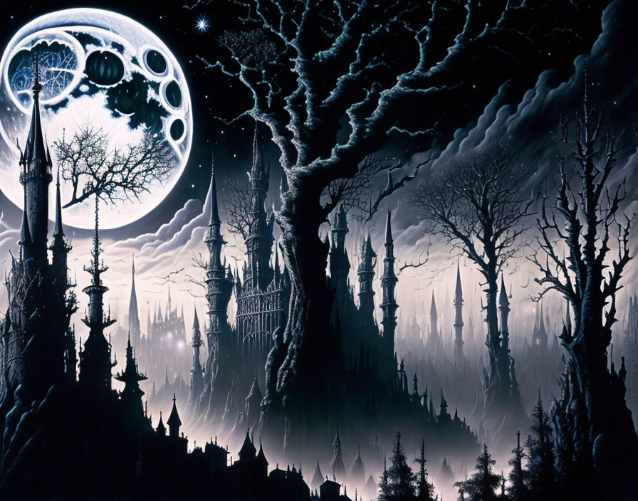 Fantasy night landscape with towering spires and intricate moon designs