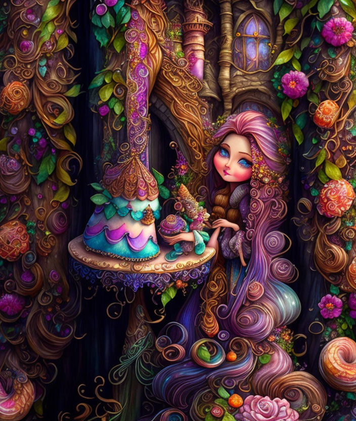 Illustration of girl with pink hair in floral treehouse serving cake