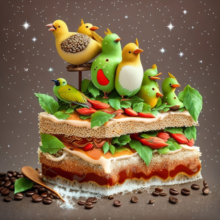 Birds on tree-shaped cake with coffee beans on starry backdrop