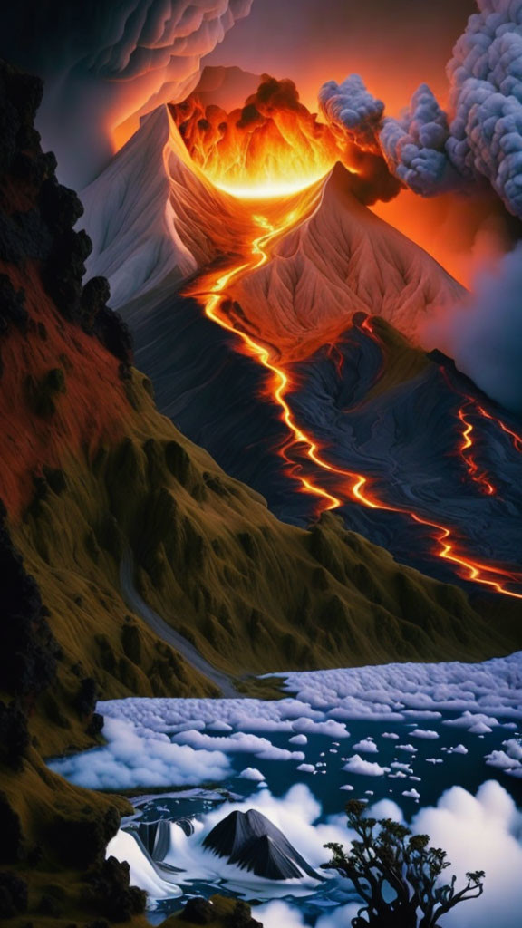 Spectacular volcanic eruption with flowing lava and snowy landscape contrast