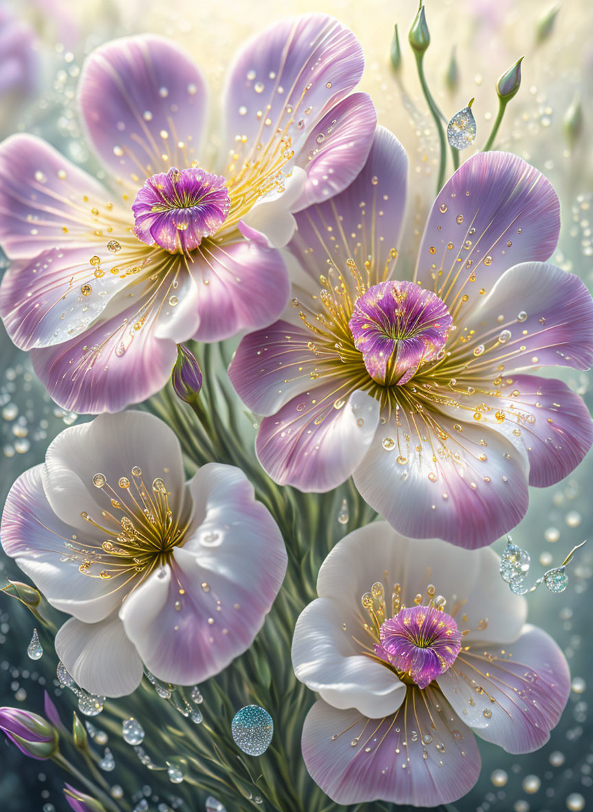 Detailed Close-Up of Delicate Pink Flowers with Dew Drops