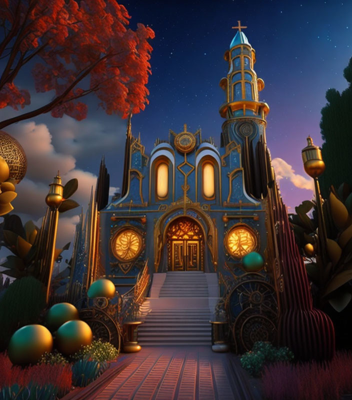 Fantasy-style ornate gate in nighttime scene with glowing gold accents surrounded by lush foliage.