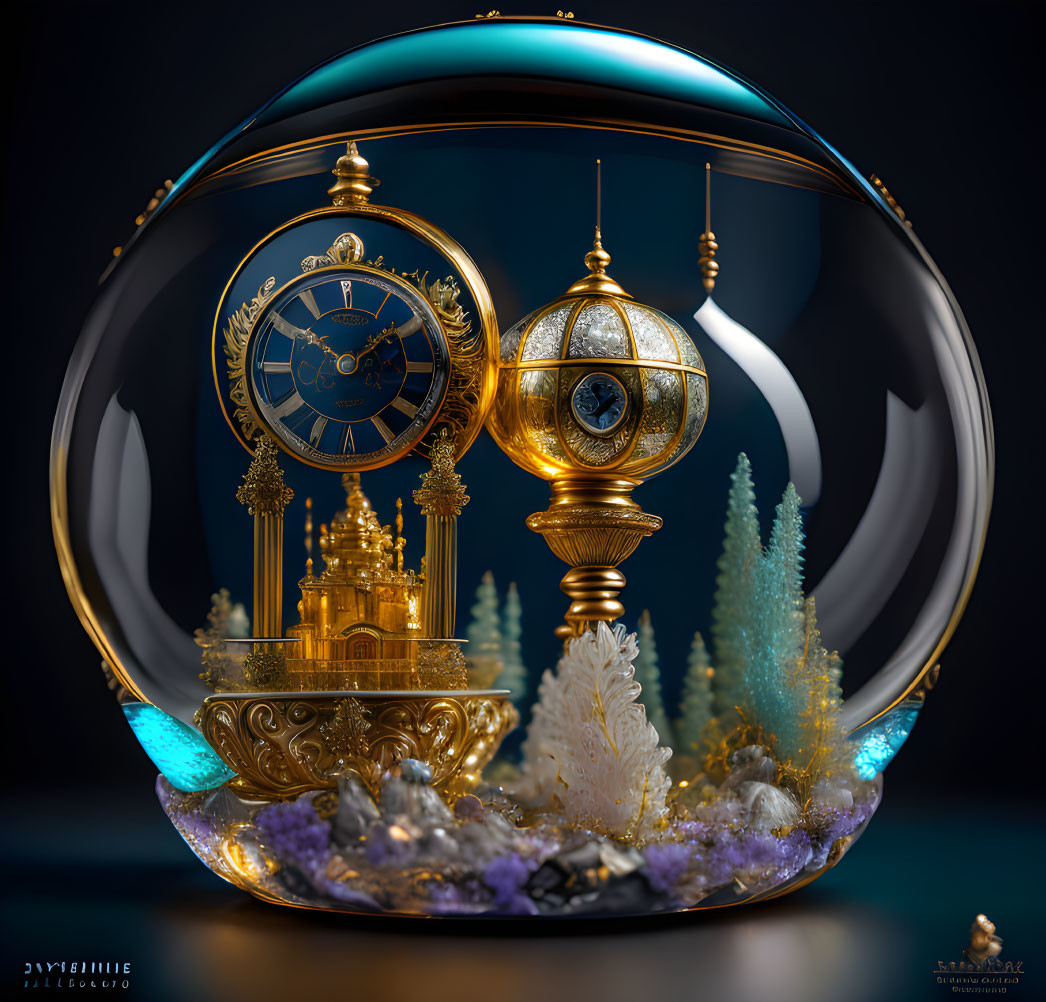 Ornate golden clock in transparent sphere with architectural models and trees