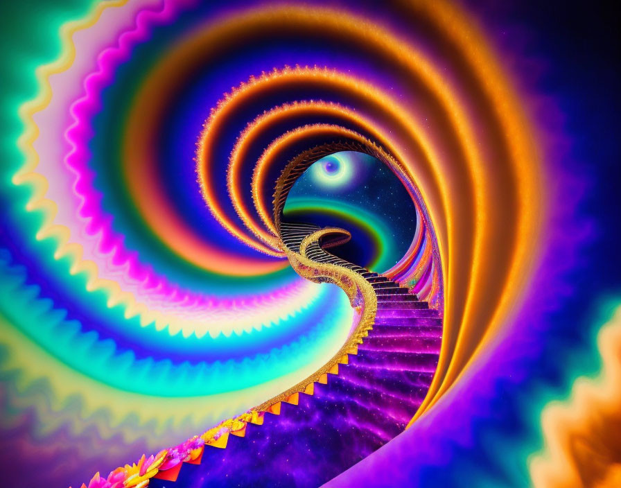 Colorful Fractal Image: Spiraling Staircase Pattern with Eye