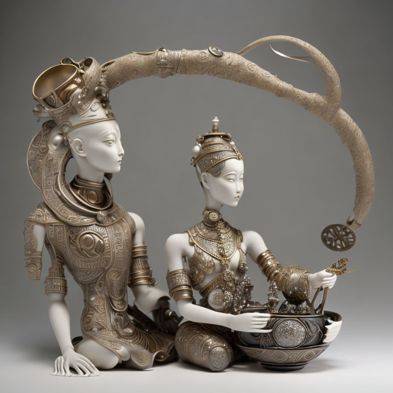 Ornate humanoid figures with elaborate headgear and body armor seated with astrolabe-like instrument